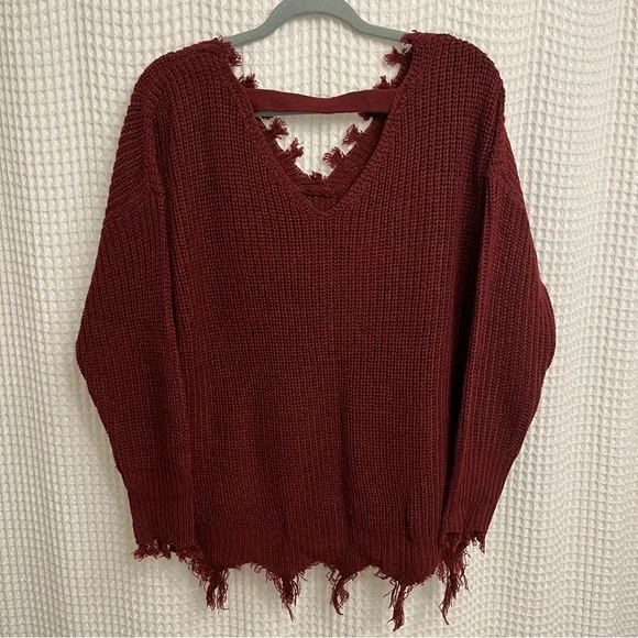 Rue21 Maroon V-Neck Distressed Sweater - Picture 2 of 5